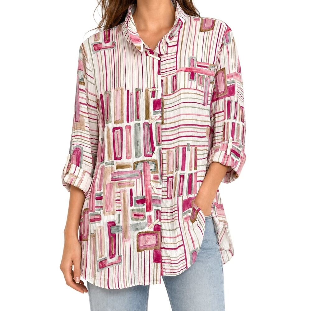 Shana Sz Medium Pink Abstract Artsy Unique Wearable Art Blouse Shirt Top Beach